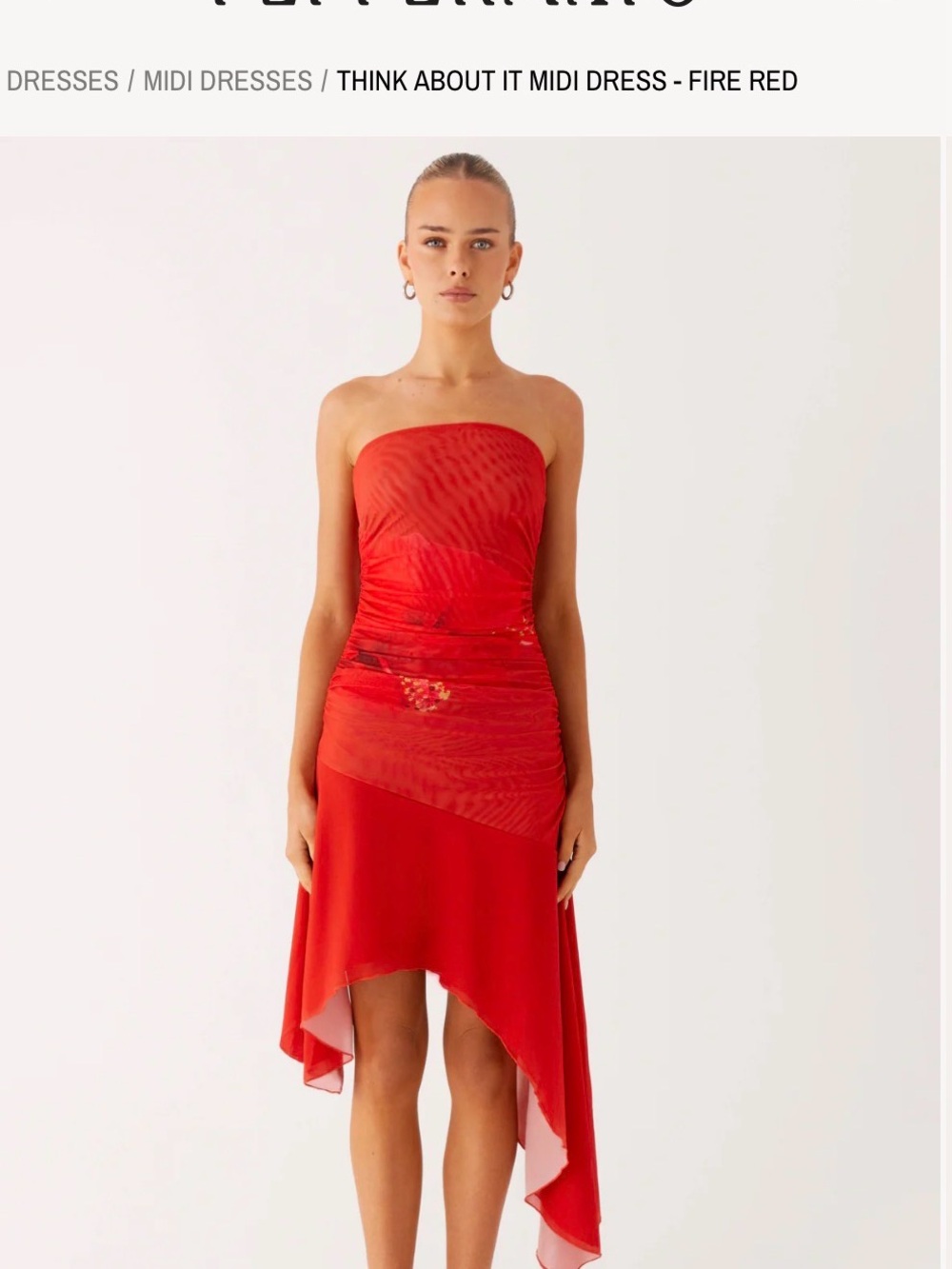 Peppermayo Strapless Red Asymmetric Midi Dress